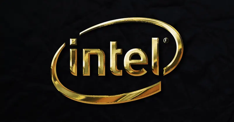 a gold intel logo on a black background